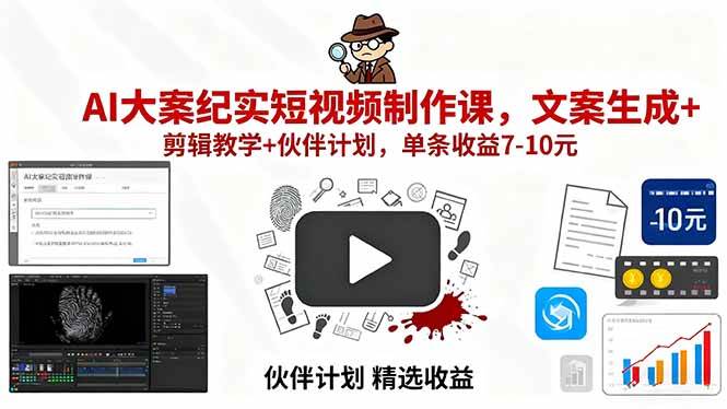 （15992期）AI大案纪实短视频制作课，文案生成+剪辑教学+伙伴计划，单条收益7-10元-三月轻创