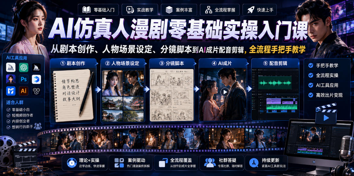 AI仿真人漫剧零基础实操入门课,从剧本创作、人物场景设定、分镜脚本到AI成片配音剪辑,全流程手把手教学-三月轻创