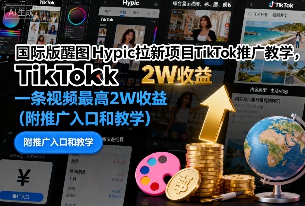 国际版醒图Hypic拉新项目TikTok推广教学，一条视频最高2W收益（附推广入口和教学）-三月轻创