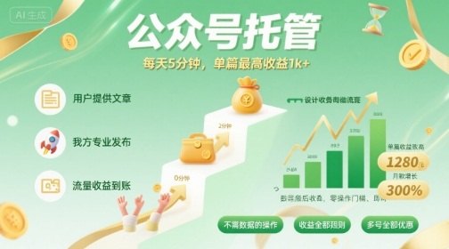 【公众号托管 】我提供文章，你发布，每天5分钟，单篇最高收益1k+【揭秘】-三月轻创