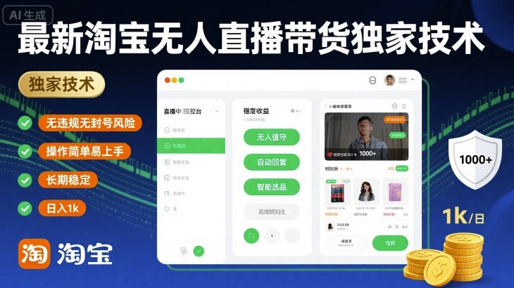 最新淘宝无人直播带货独家技术，无违规无封号风险，操作简单易上手，长期稳定日入1k【揭秘】-三月轻创