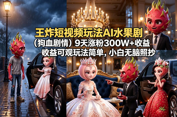 王炸短视频玩法AI水果剧（狗血剧情）9天涨粉300W+收益可观玩法简单，小白无脑照抄，详细拆解玩法-三月轻创