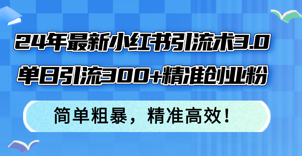 24年最新小红书引流术3.0，单日引流300+精准创业粉，简单粗暴，精准高效！-三月轻创
