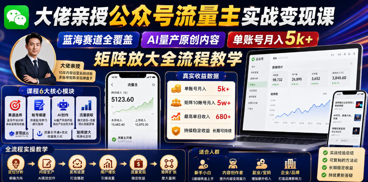 大佬亲授公众号流量主实战变现课,蓝海赛道全覆盖,AI量产原创内容,单账号月入5k+矩阵放大全流程教学-三月轻创