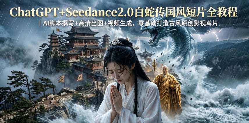 ChatGPT+Seedance2.0白蛇传国风短片全教程|AI脚本撰写+高清出图+视频生成,零基础打造古风原创影视短片-三月轻创