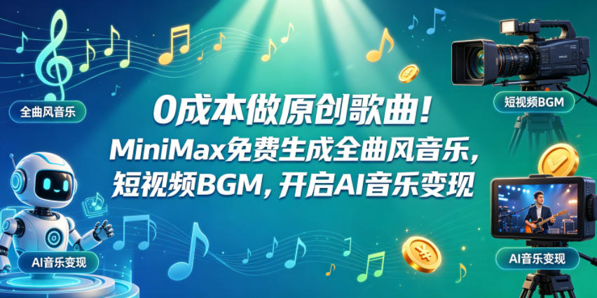 0成本做原创歌曲！MiniMax免费生成全曲风音乐，短视频BGM，开启AI音乐变现-三月轻创