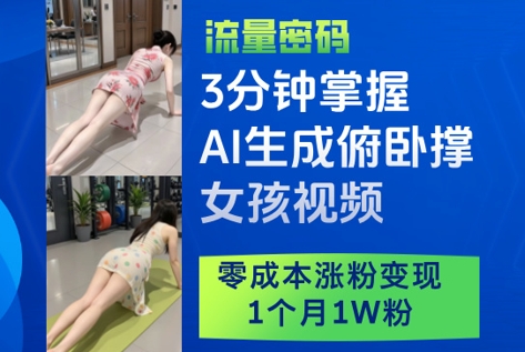 3分钟掌握AI生成俯卧撑女孩视频，零成本涨粉变现，1个月1W粉-三月轻创