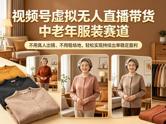 视频号虚拟无人直播带货中老年服装赛道,不用真人出镜、不用租场地,轻松实现持续出单稳定盈利-三月轻创