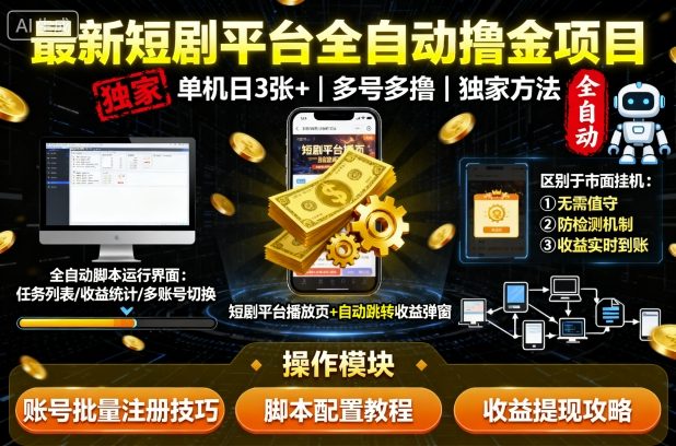 最新短剧平台全自动挂G撸金项目，单机一天3张+，多号多撸，区别于市面所有挂机项目，独家方法【揭秘】-三月轻创