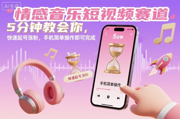 情感音乐短视频赛道，5分钟教会你，快速起号涨粉，手机简单操作即可完成-三月轻创