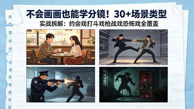 (18591期)不会画画也能学分镜!30+场景类型实战拆解:约会戏打斗戏枪战戏恐怖戏全覆盖-三月轻创