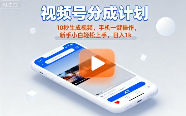 视频号分成计划懒人玩法，10秒生成视频，手机一键操作，新手小白轻松上手，日入1K【揭秘】-三月轻创