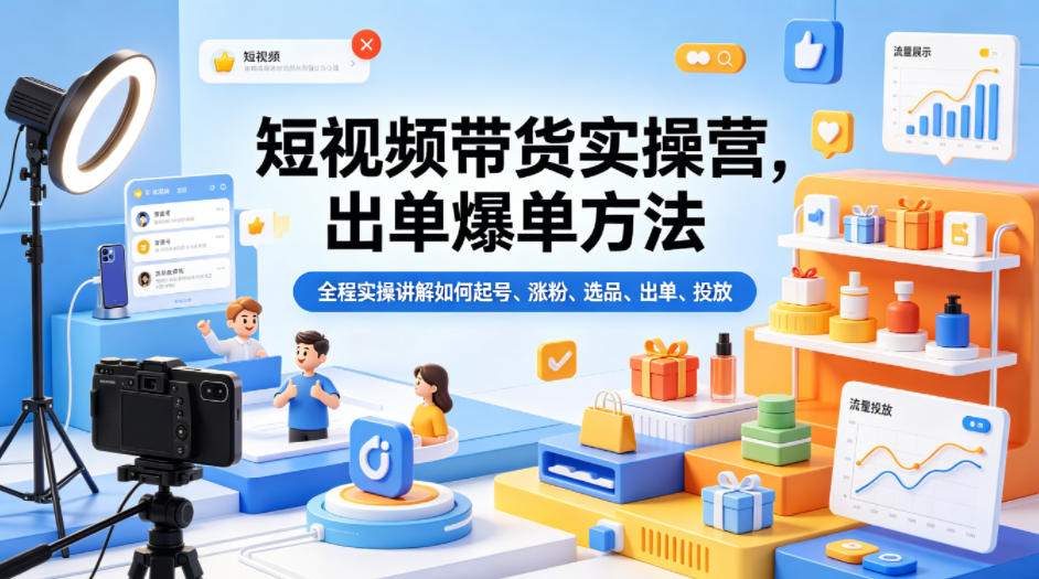 短视频带货实操营，出单爆单方法，全程实操讲解如何起号、涨粉、选品、出单、投放-三月轻创