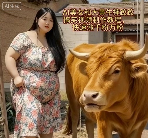 AI美女和大黄牛摔跤搞笑荒诞视频制作教程，快速涨千粉万粉-三月轻创