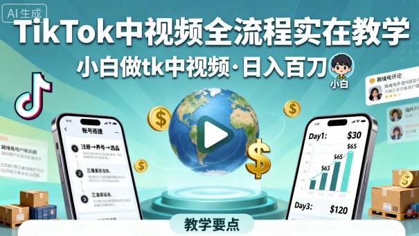 TikTok中视频全流程实操教学，小白做tk中视频，日入百刀-三月轻创