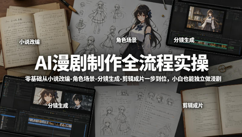 AI漫剧制作全流程实操，零基础从小说改编-角色场景-分镜生成-剪辑成片一步到位，小白也能独立做漫剧-三月轻创