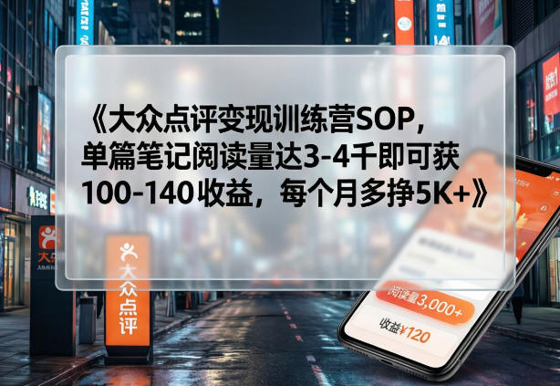 大众点评变现训练营SOP，单篇笔记阅读量达3-4千即可获100-140收益，每个月多挣5K+-三月轻创