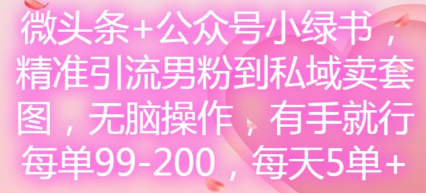 微头条+公众号小绿书，精准引流男粉到私域卖套图，无脑操作，有手就行，每单99-200，每天5单-三月轻创