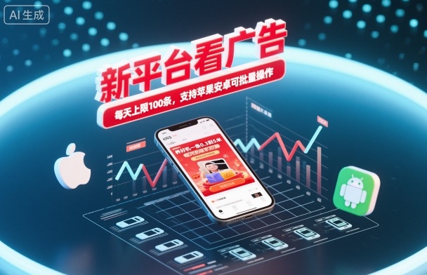 新平台看广告，养好机一条0.3到5米，每天上限100条，支持苹果安卓可批量操作-三月轻创