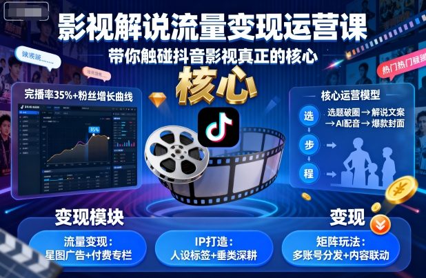 影视解说流量变现运营课，带你触碰抖音影视真正的核心-三月轻创