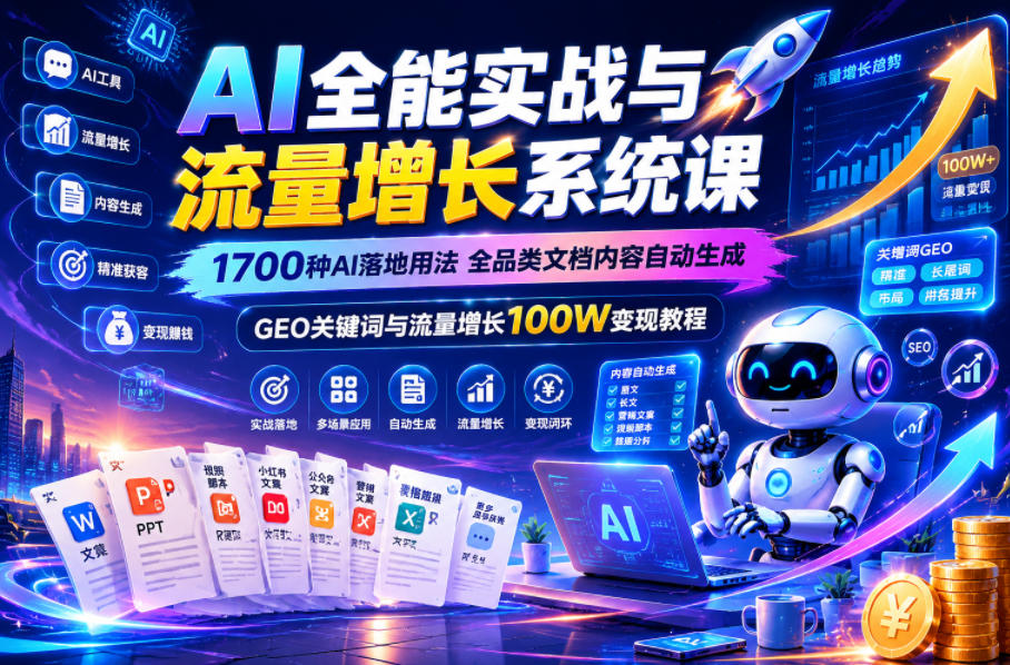 AI全能实战与流量增长系统课,1700种AI落地用法,全品类文档内容自动生成,GEO关键词与流量增长100W变现教程-三月轻创