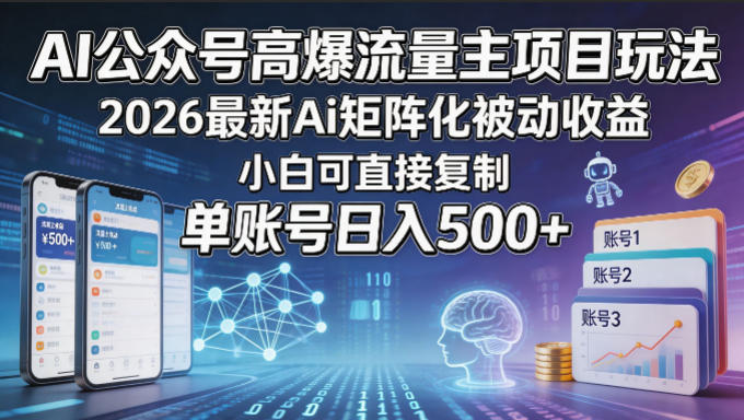 AI公众号高爆流量主项目玩法，2026最新Ai矩阵化被动收益，小白可直接复制，单账号日入500+-三月轻创