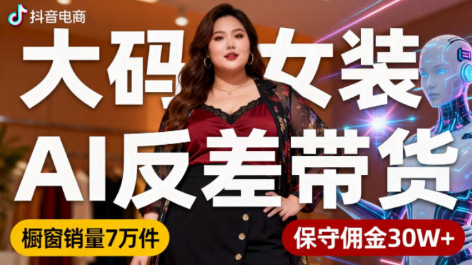 抖音小众赛道，大码女装AI反差带货，不用直播，每天6条作品，橱窗卖7万件，保守佣金30W+-三月轻创