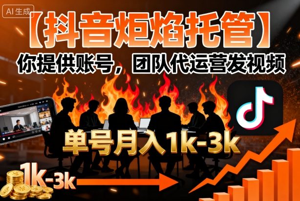【抖音炬焰托管】你提供账号，团队代运营发视频，单号月入1k+【揭秘】-三月轻创