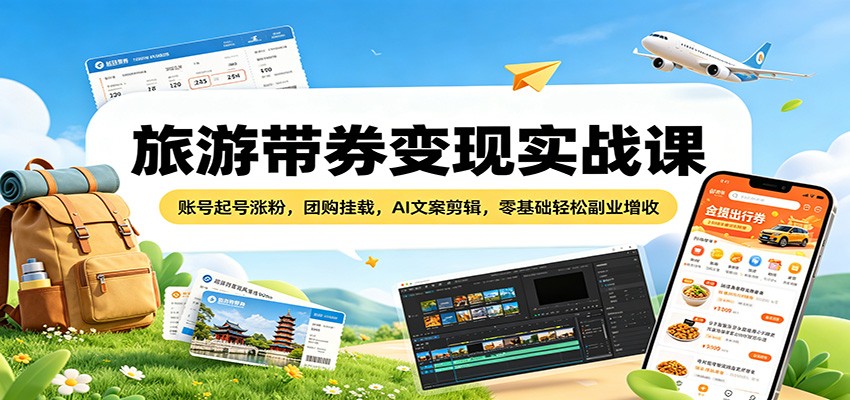 旅游带券变现实战课：账号起号涨粉，团购挂载，AI文案剪辑，零基础轻松副业增收-三月轻创