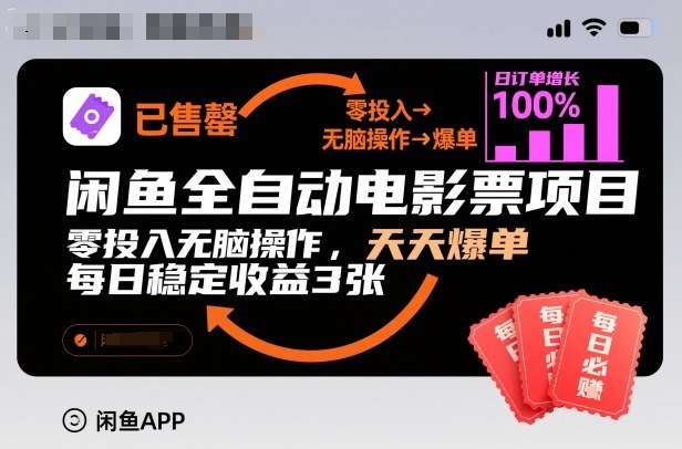 闲鱼全自动电影票项目，零投入无脑操作，天天爆单，每日稳定收益3张【揭秘】-三月轻创