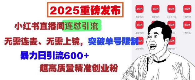 2025重磅发布：小红书直播间连怼引流，无需连麦、无需上镜，突破单号限制，暴力日引流600+-三月轻创