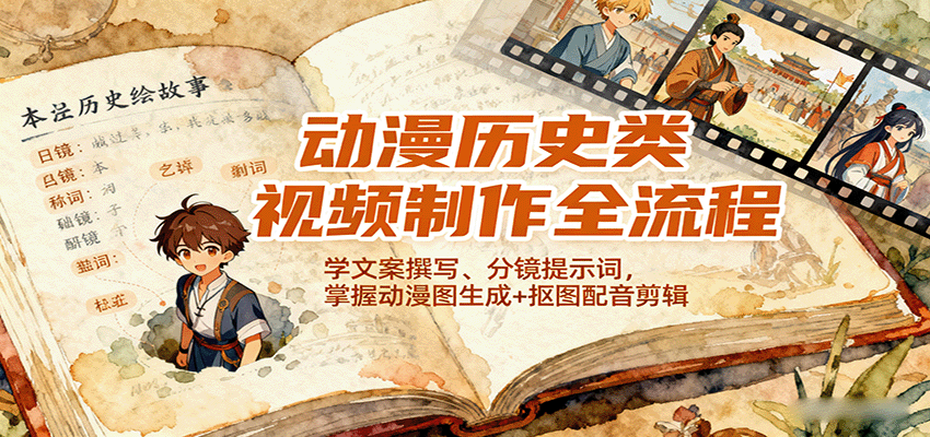 动漫历史类视频制作全流程，学文案撰写、分镜提示词，掌握动漫图生成+抠图配音剪辑-三月轻创