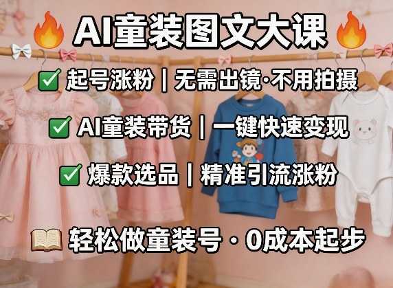 AI童装图文剪辑，某社群童装图文大课，起号涨粉、AI童装带货、爆款选品，无需出镜和拍摄-三月轻创