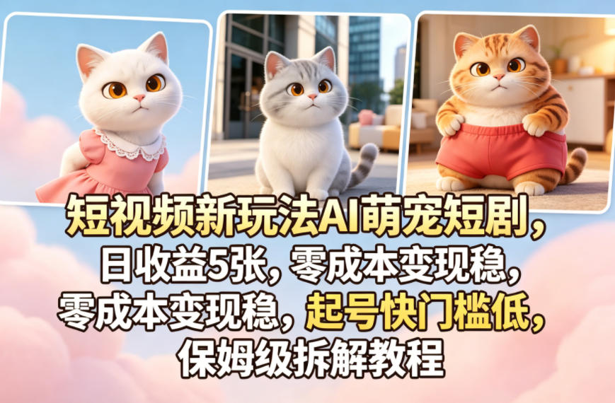 短视频新玩法AI萌宠短剧，日收益5张，零成本变现稳，起号快门槛低，保姆级拆解教程-三月轻创