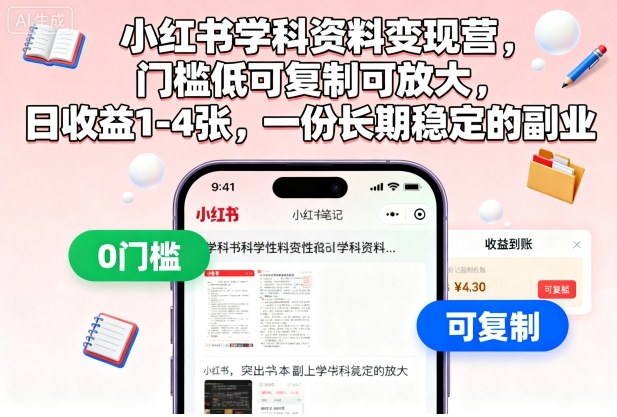 小红书学科资料变现营，门槛低可复制可放大，日收益1-4张，一份长期稳定的副业-三月轻创