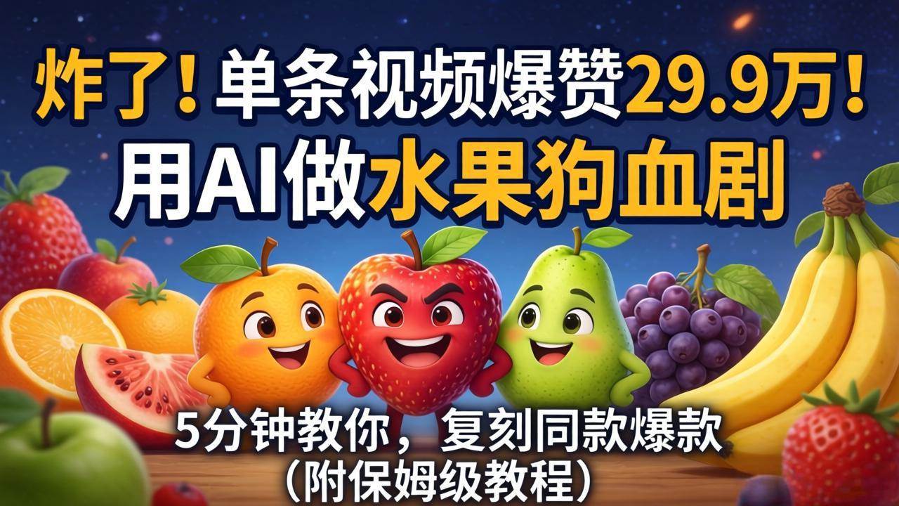 （18206期）炸了！单条视频爆赞 29.9 万！用 AI 做水果狗血剧，5 分钟教你，复刻同款爆款（附保姆级教程）-三月轻创