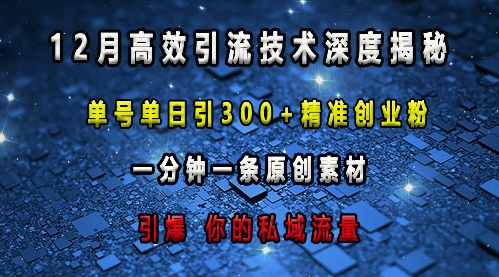 最新高效引流技术深度揭秘 ，单号单日引300+精准创业粉，一分钟一条原创素材，引爆你的私域流量-三月轻创