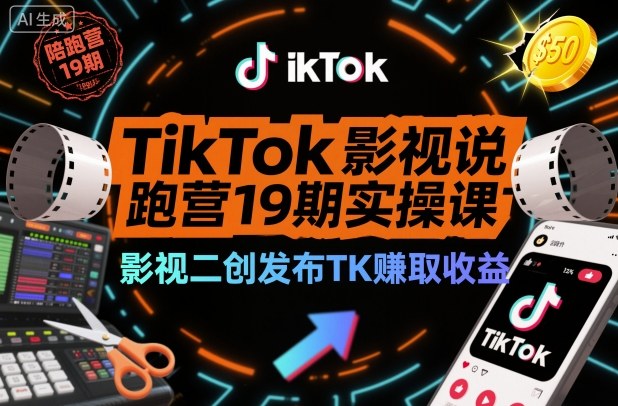 TikTok影视解说陪跑营19期实操课，影视二创发布TK賺取收益，万播收益50美金-三月轻创