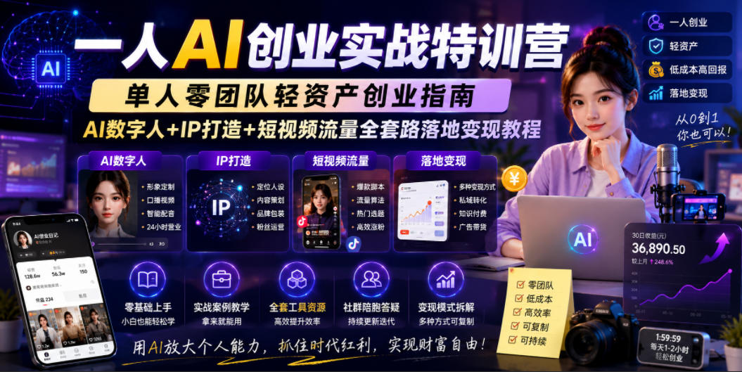 一人AI创业实战特训营,单人零团队轻资产创业指南,AI数字人+IP打造+短视频流量全套路落地变现教程-三月轻创