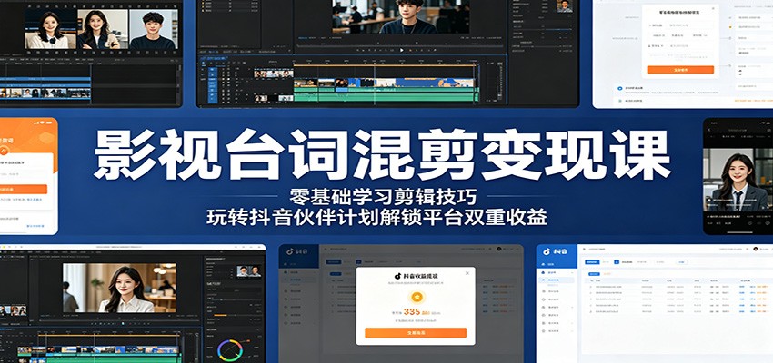 影视台词混剪变现课:零基础学习剪辑技巧,玩转抖音伙伴计划解锁平台双重收益-三月轻创