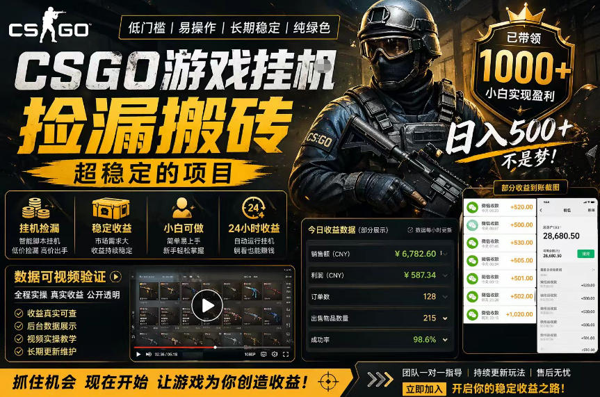 CSGO游戏搬砖，全自动挂G，不需要玩游戏，手机操作日入300+，解放双手【揭秘】-三月轻创