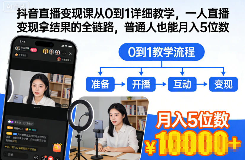 抖音直播变现课从0到1详细教学，一人直播变现拿结果的全链路，普通人也能月入5位数-三月轻创