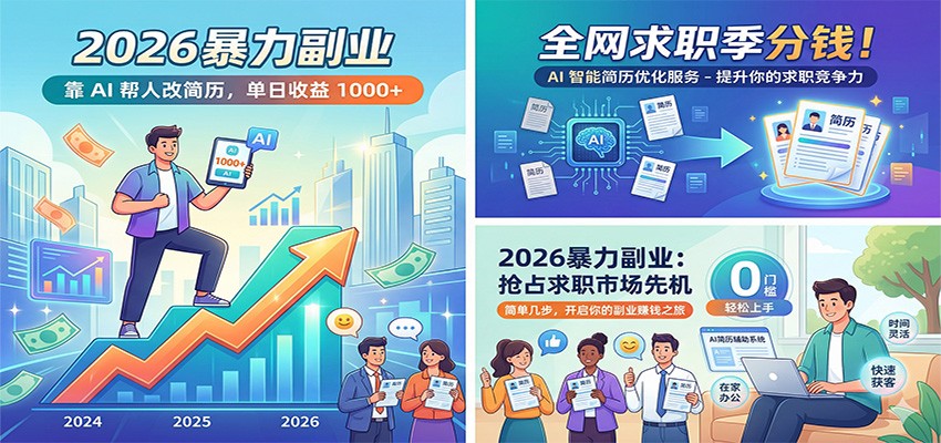 2026暴力副业:靠AI帮人改简历,单日收益1000+,全网求职季分钱-三月轻创