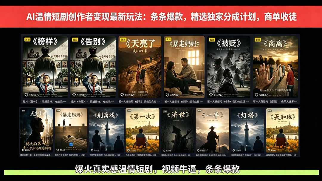 (18748期)AI温情短剧创作者变现最新玩法:视频牛逼,条条爆款,精选独家分成计划,商单收徒-三月轻创
