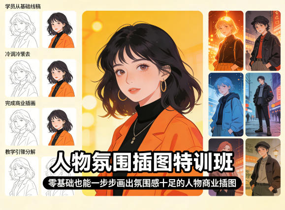 人物氛围插图特训班，零基础也能一步步画出氛围感十足的人物商业插图-三月轻创