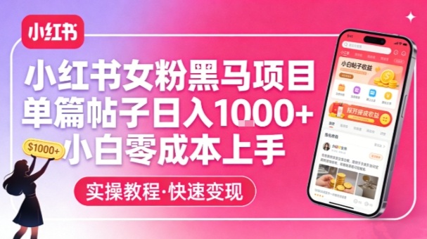小红书女粉黑马项目，单篇帖子日入1k+，小白零成本上手-三月轻创