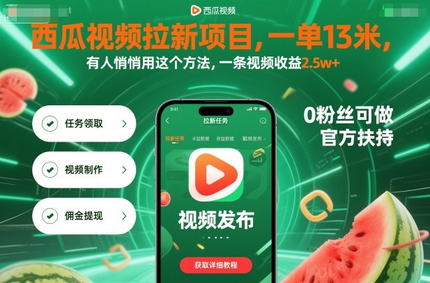 西瓜视频拉新项目，一单13米，有人悄悄用这个方法，一条视频收益2.5w+（附详细教程）-三月轻创