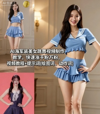 AI海军装美女跳舞视频制作教学，快速涨千粉万粉，视频教程+提示词(绘图词、动作词)-三月轻创