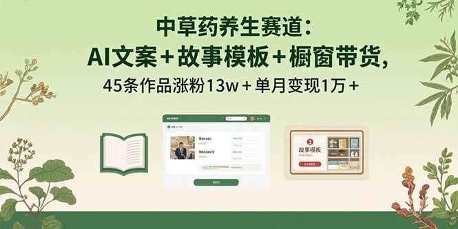 （15925期）中草药养生赛道：AI文案+故事模板+橱带货，45条作品涨粉13w+单月变现1万+-三月轻创