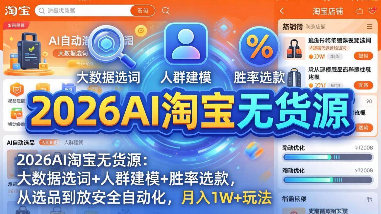 (17812期)2026AI淘宝无货源:大数据选词+人群建模+胜率选款,从选品到放大全自动化,月入1W+玩法-三月轻创